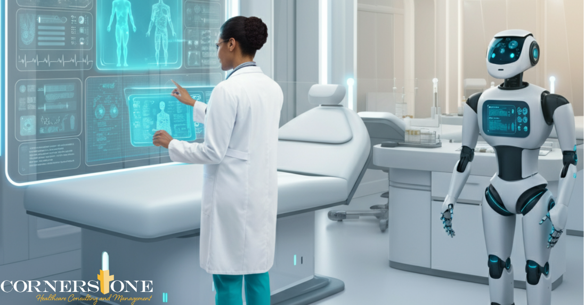 Doctor using AI-powered interface in a modern clinic setting.