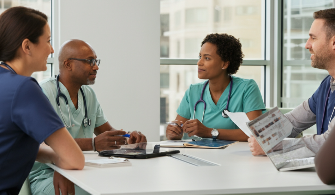 healthcare consultant meeting with physician and staff discussing turnaround plan for medical practice