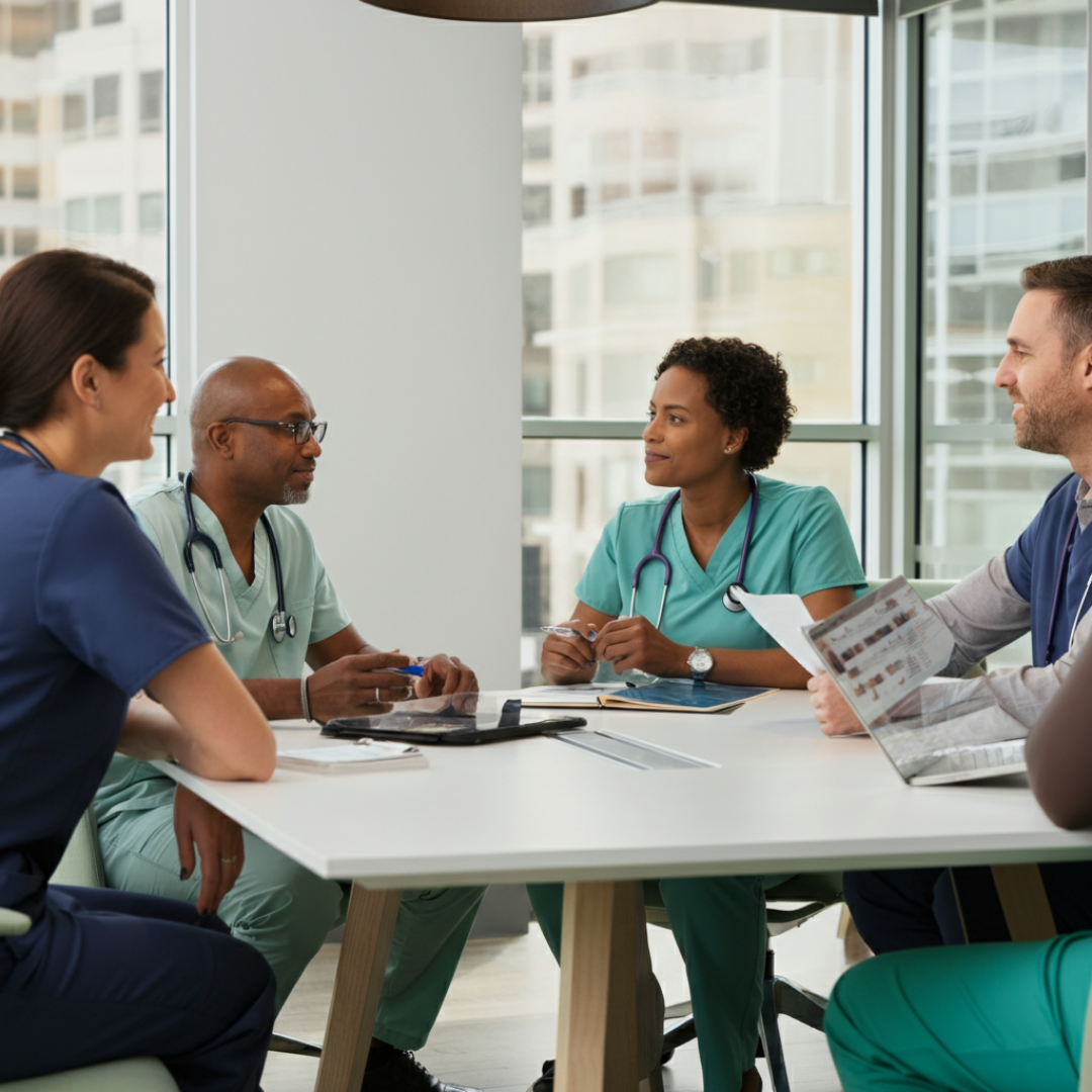 healthcare consultant meeting with physician and staff discussing turnaround plan for medical practice