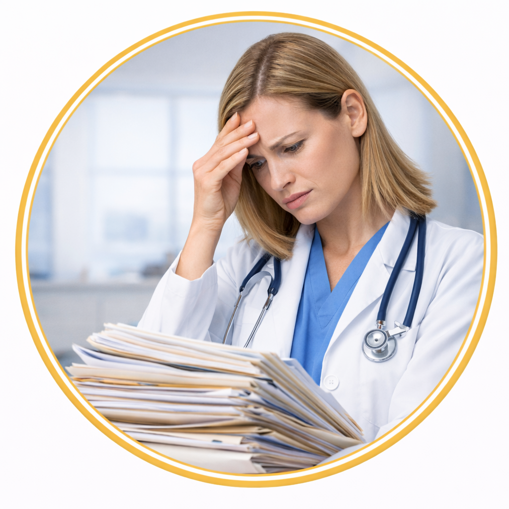 doctor overwhelmed with paperwork